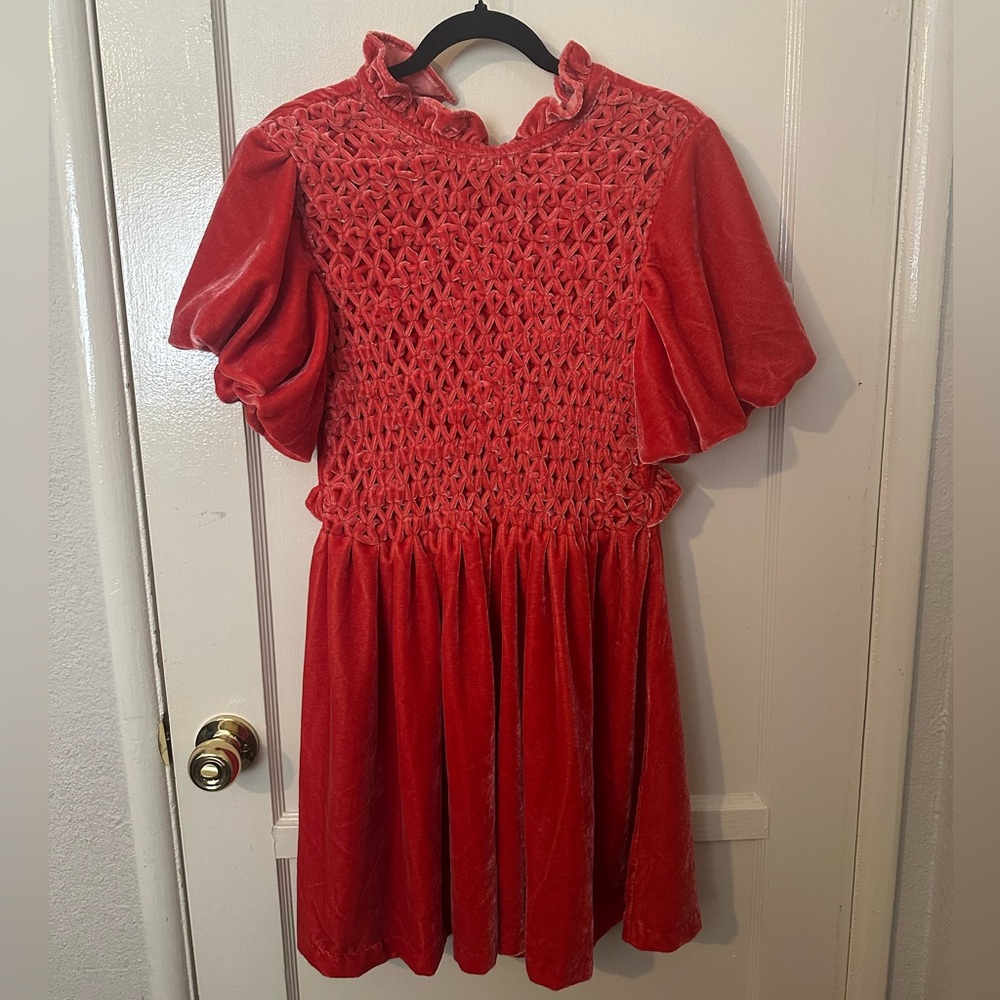 Free People Coral-Red Velvet Smocked Mini Dress